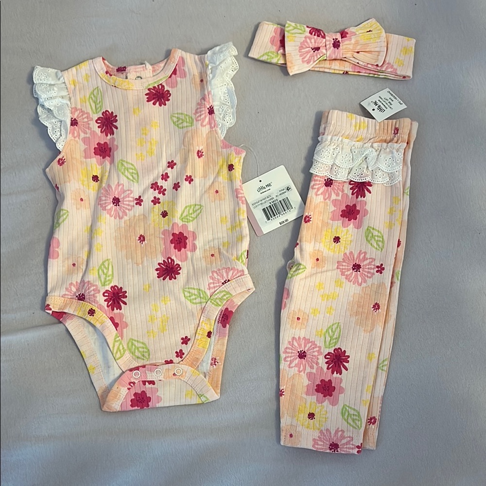 Little Me eyelet bodysuit and pant set with matching headband. 6-9 months NWT